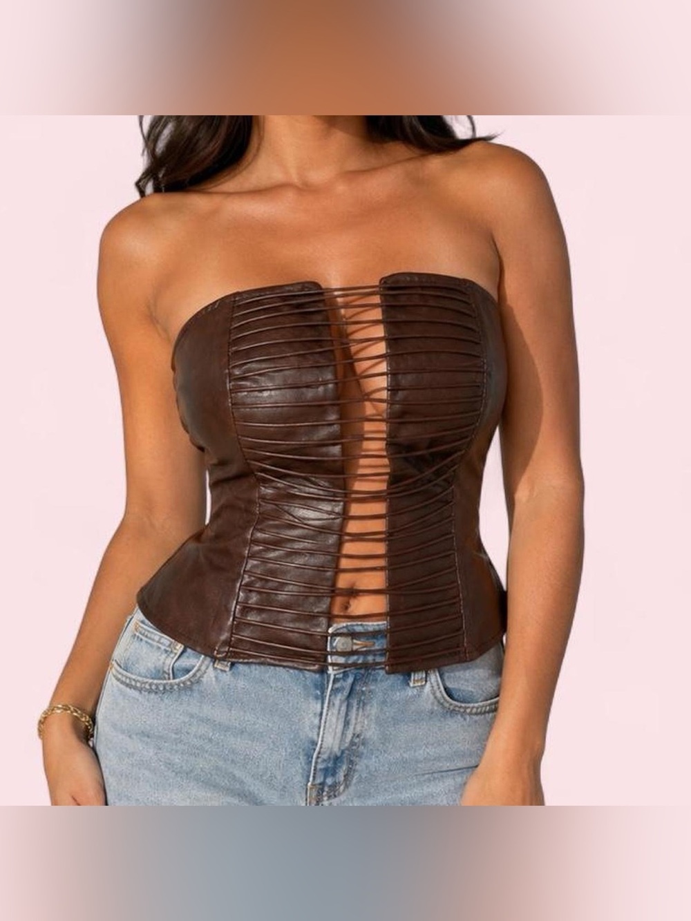 Fashion Nova Keep Driving Strappy Faux Leather Corset Tube Top | Size M